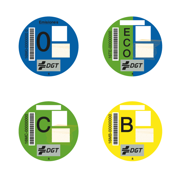 DGT environmental stickers: 0, ECO, C and B