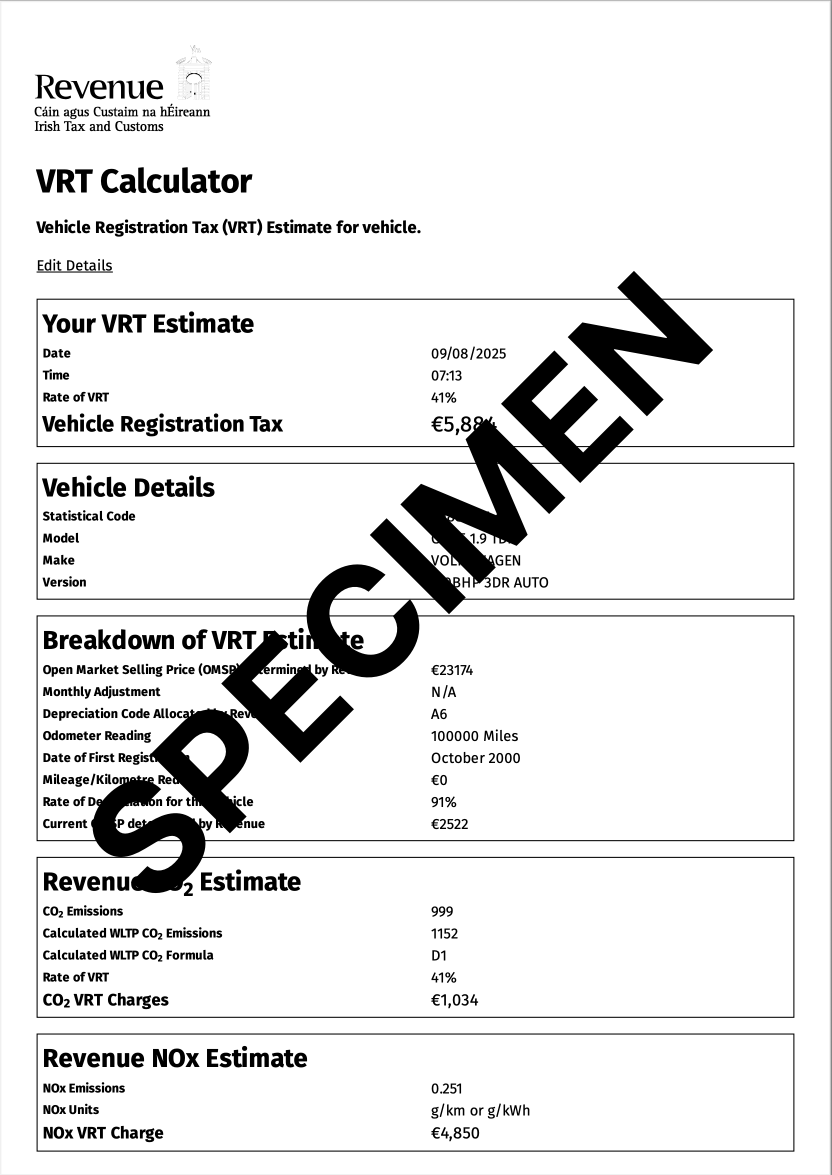 VRT Certificate Sample